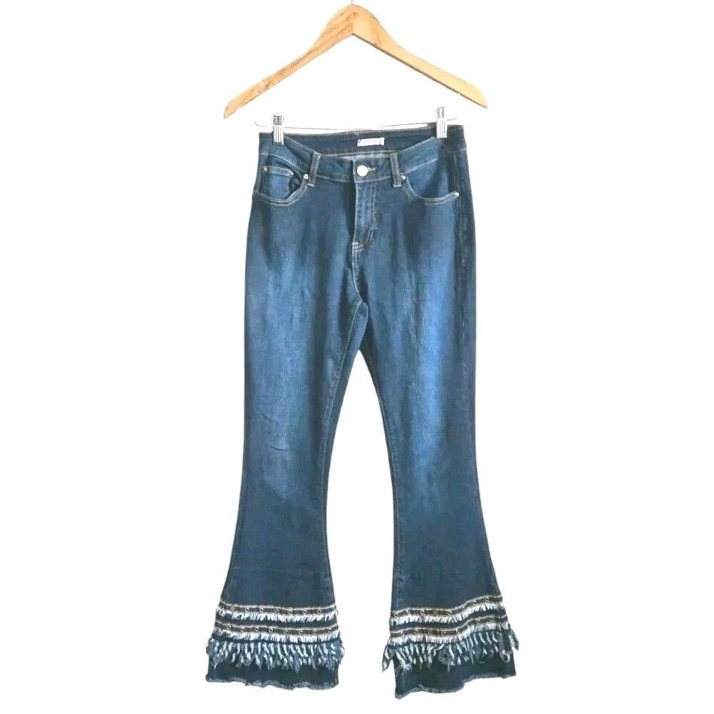 Luxe Moda Fringe Flare Jeans Size 6 Boho Retro Hippie Festival Stretch